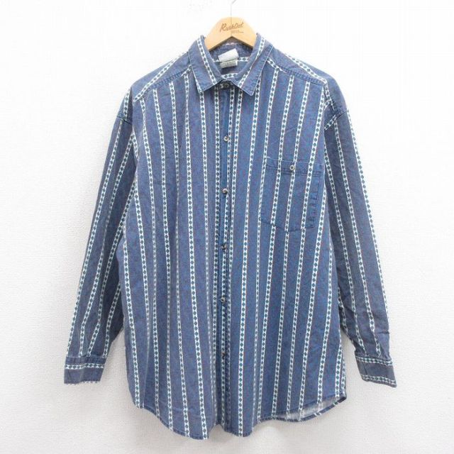 XL★古着 キー 長袖 シャツ メンズ 90年代 90s 紺 ネイビー 25oct02 中古 トップス