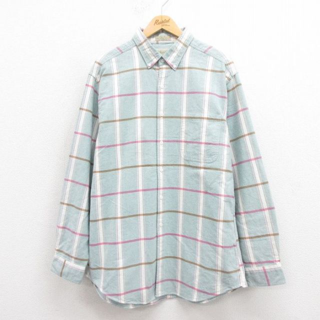 XL★古着 セントジョンズベイ 長袖 シャツ メンズ 90年代 90s ロング丈 コットン ボタンダウン 薄緑 グリーン チェック 【spe】 25oct02 中古 トップス