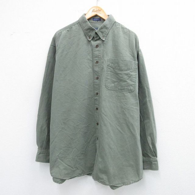 XL★古着 長袖 シャツ メンズ 大きいサイズ ロング丈 コットン ボタンダウン 緑系 グリーン 25oct02 中古 トップス