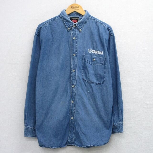 【20%OFF】XL★古着 ラングラー Wrangler 長袖 シャツ メンズ ヤマハ YAMAHA コットン ボタンダウン 紺 ネイビー デニム 25oct08 中古 トップス