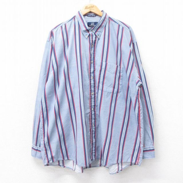 XL★古着 バンヒューセン 長袖 シャツ メンズ 90年代 90s 大きいサイズ コットン ボタンダウン 薄紺他 ネイビー ストライプ 25oct17 中古 トップス