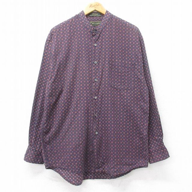M★古着 長袖 シャツ メンズ 00年代 00s 総柄 コットン ノーカラー 紺他 ネイビー 【spe】 25oct17 中古 トップス
