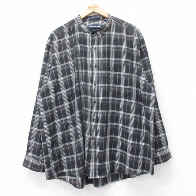 XL★古着 バンヒューセン 長袖 シャツ メンズ 90年代 90s 大きいサイズ ノーカラー 黒他 ブラック チェック 25oct17 中古 トップス