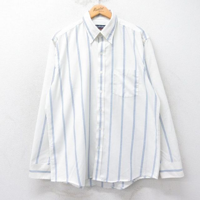 XL★古着 マンハッタン 長袖 シャツ メンズ 90年代 90s ボタンダウン 白他 ホワイト ストライプ 25oct17 中古 トップス