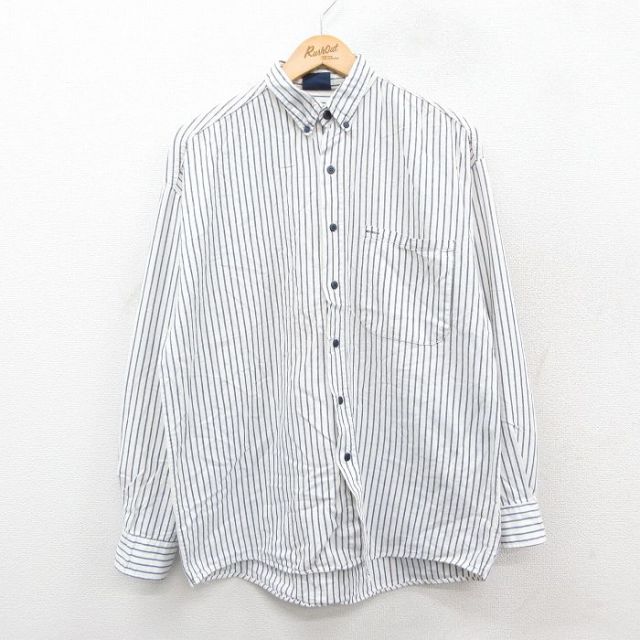 L★古着 長袖 シャツ メンズ 90年代 90s コットン ボタンダウン USA製 白他 ホワイト ストライプ 25oct17 中古 トップス