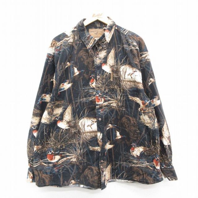 XL★古着 長袖 シャツ メンズ 鳥 犬 黒他 ブラック 【spe】 25oct17 中古 トップス