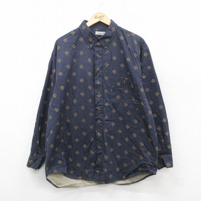 XL★古着 ビューグルボーイ 長袖 シャツ メンズ 00年代 00s 総柄 コットン ボタンダウン 紺他 ネイビー 【spe】 25oct17 中古 トップス