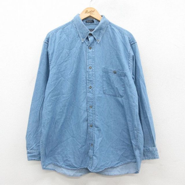 XL★古着 長袖 シャツ メンズ コットン ボタンダウン 薄紺 ネイビー デニム 25oct18 中古 トップス
