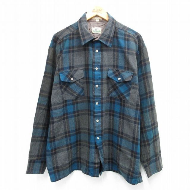 XL★古着 バンヒューセン 長袖 シャツ メンズ 90年代 90s 大きいサイズ 濃グレー他 チェック 25oct21 中古 トップス
