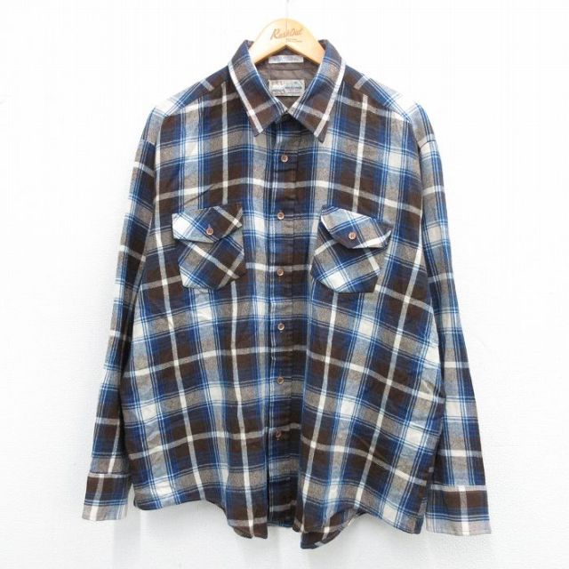 XL★古着 長袖 シャツ メンズ 80年代 80s 大きいサイズ 茶他 ブラウン チェック 25oct21 中古 トップス
