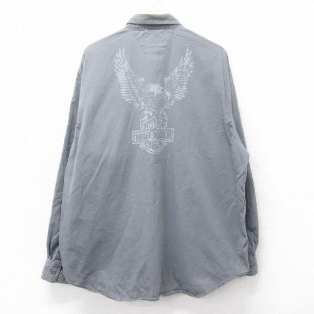 XL★古着 ハーレーダビッドソン Harley Davidson 長袖 シャツ メンズ ビッグロゴ 鳥 大きいサイズ ロング丈 コットン グレー 【spe】 25oct21 中古 トップス