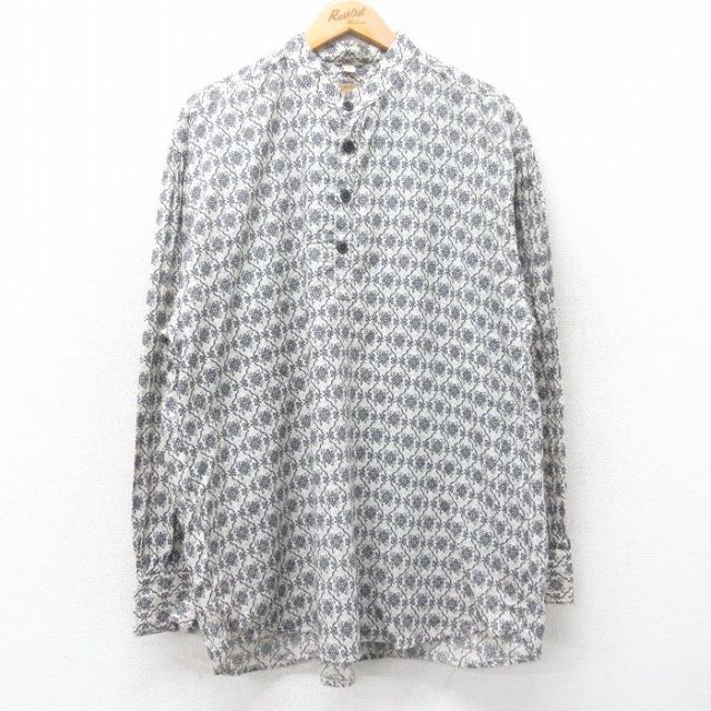 XL★古着 長袖 シャツ メンズ 90年代 90s 花柄 大きいサイズ ノーカラー USA製 白 ホワイト 25oct21 中古 トップス