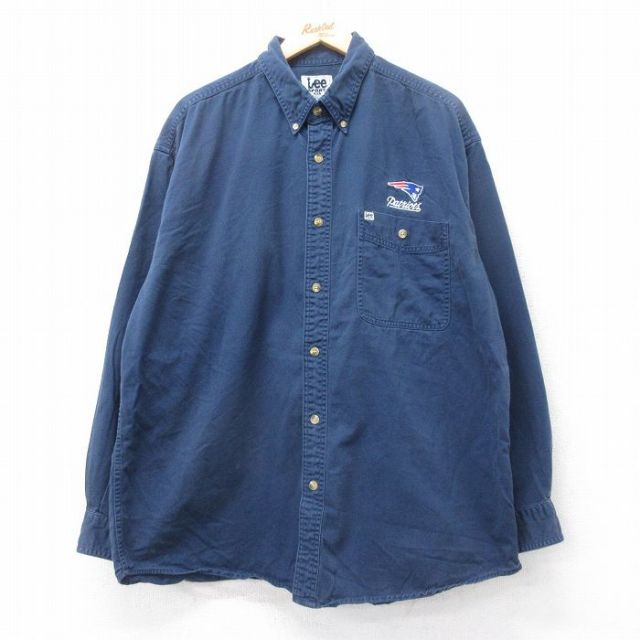 XL★古着 リー Lee 長袖 シャツ メンズ 00年代 00s NFL ニューイングランドペイトリオッツ 大きいサイズ ロング丈 コットン ボタンダウン 紺 ネイビー アメフト スーパーボウル 25oct21 中古 トップス