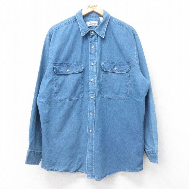 XL★古着 ローバック 長袖 シャツ メンズ 90年代 90s 大きいサイズ ロング丈 紺 ネイビー デニム 25oct21 中古 トップス
