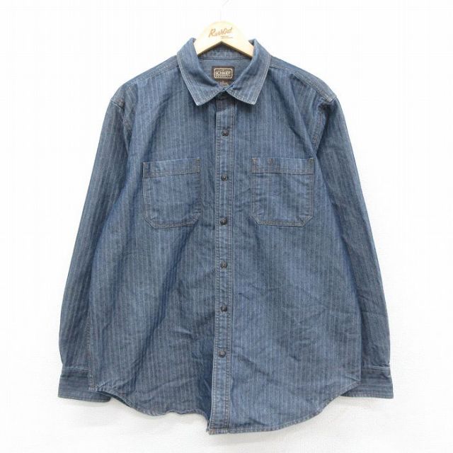 XL★古着 長袖 シャツ メンズ ツイード 紺 ネイビー 25oct21 中古 トップス