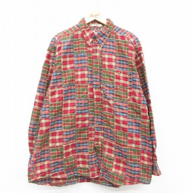 XL★古着 オービス ORVIS 長袖 シャツ メンズ 00年代 00s パッチワーク 大きいサイズ ロング丈 コットン 赤他 レッド チェック 【spe】 25oct21 中古 トップス