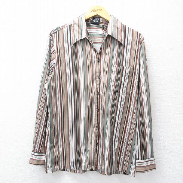 L★古着 長袖 シャツ メンズ 90年代 90s 開襟 オープンカラー 緑他 グリーン ストライプ 25oct24 中古 トップス