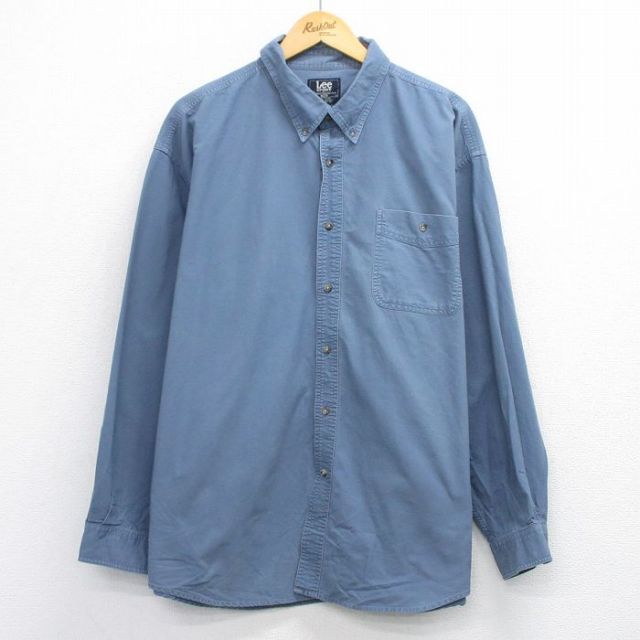 XL★古着 リー Lee 長袖 シャツ メンズ 大きいサイズ ロング丈 コットン ボタンダウン 紺系 ネイビー 25oct24 中古 トップス