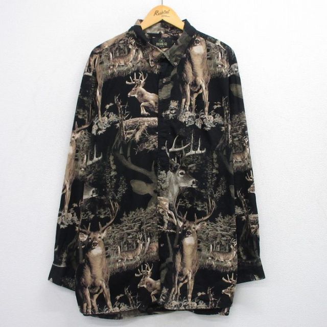 XL★古着 レッドヘッド 長袖 シャツ メンズ 00年代 00s シカ 大きいサイズ ロング丈 コットン ボタンダウン 黒他 ブラック 25oct24 中古 トップス