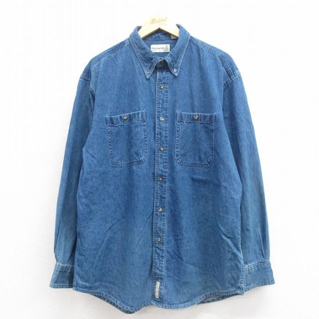 XL★古着 長袖 シャツ メンズ 00年代 00s コットン ボタンダウン 紺 ネイビー デニム 25oct29 中古 トップス