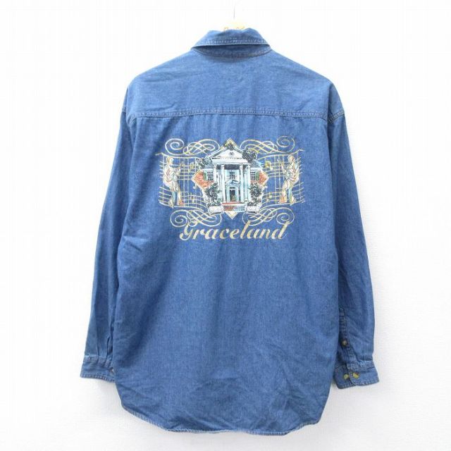 L★古着 長袖 シャツ メンズ 90年代 90s graceland コットン ボタンダウン USA製 紺 ネイビー デニム 25oct30 中古 トップス