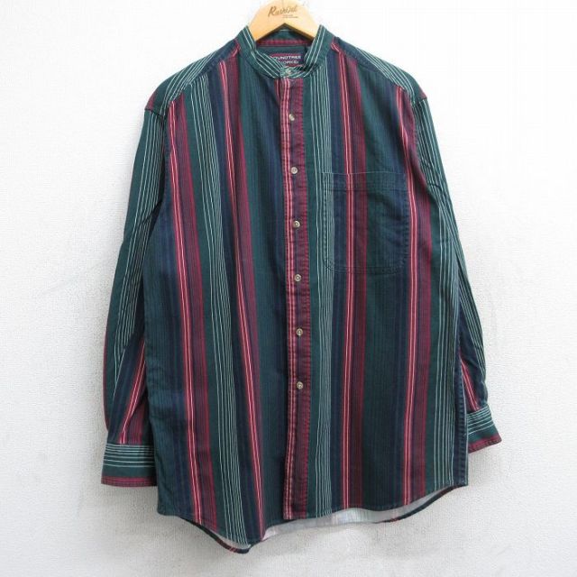 L★古着 長袖 シャツ メンズ 00年代 00s コットン ノーカラー 緑他 グリーン ストライプ 25oct31 中古 トップス