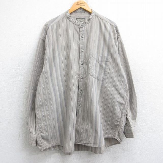 【20%OFF】XL★古着 バンヒューセン 長袖 シャツ メンズ 00年代 00s 大きいサイズ ロング丈 コットン ノーカラー ベージュ他 カーキ ストライプ 25oct31 中古 トップス