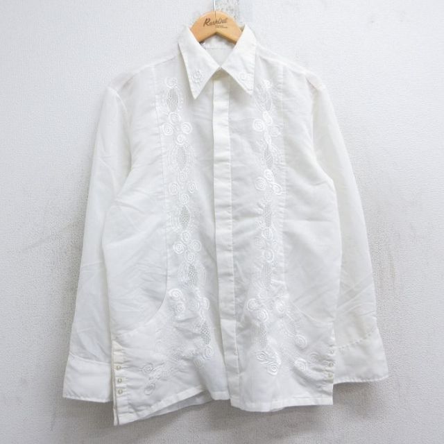 L★古着 長袖 キューバ シャツ メンズ 90年代 90s 刺繍 白 25nov13