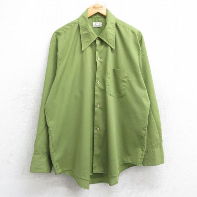 XL★古着 長袖 シャツ メンズ 70年代 70s 大きいサイズ 黄緑 25nov13
