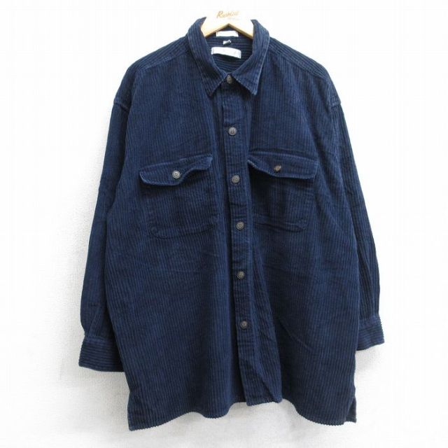 XL★古着 長袖 シャツ メンズ 00年代 00s コーデュロイ 太畝 大きいサイズ コットン 紺【spe】 25nov15