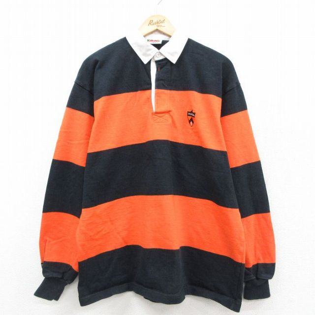 XL★古着 バーバリアン 長袖 ラガー シャツ メンズ 00年代 00s PRINCETON コットン オレンジ他 ボーダー【spe】 25nov17