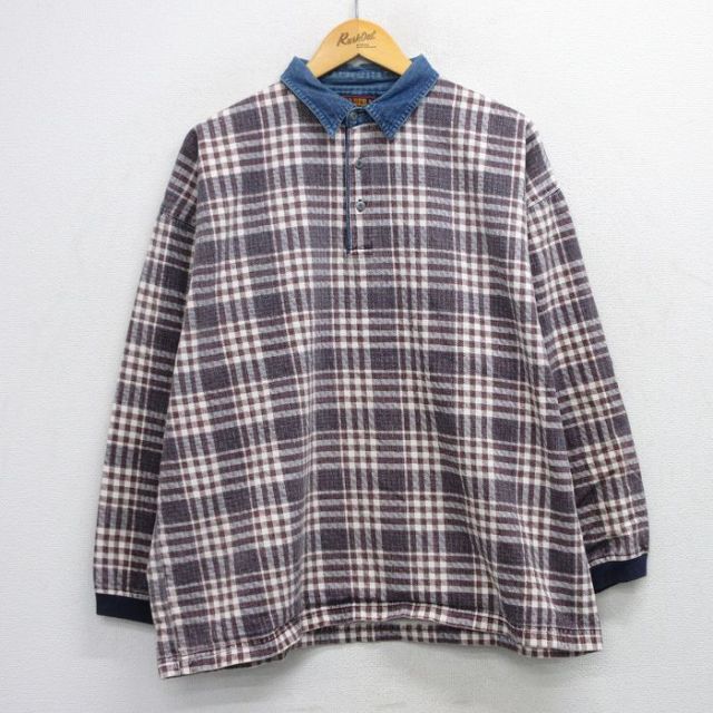 XL★古着 FADED GLORY 長袖 ポロ シャツ メンズ 00年代 00s 大きいサイズ コットン 襟デニム 茶他 チェック 25nov17
