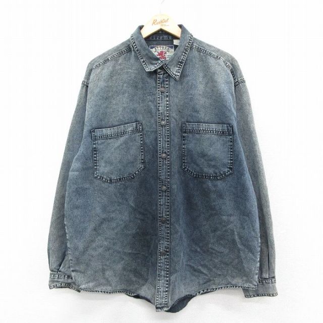 XL★古着 長袖 シャツ メンズ 90年代 90s 大きいサイズ コットン 紺 デニム 25nov19