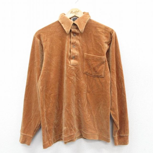 M★古着 長袖 ポロ シャツ メンズ 80年代 80s ベロア コットン 茶系 25nov19