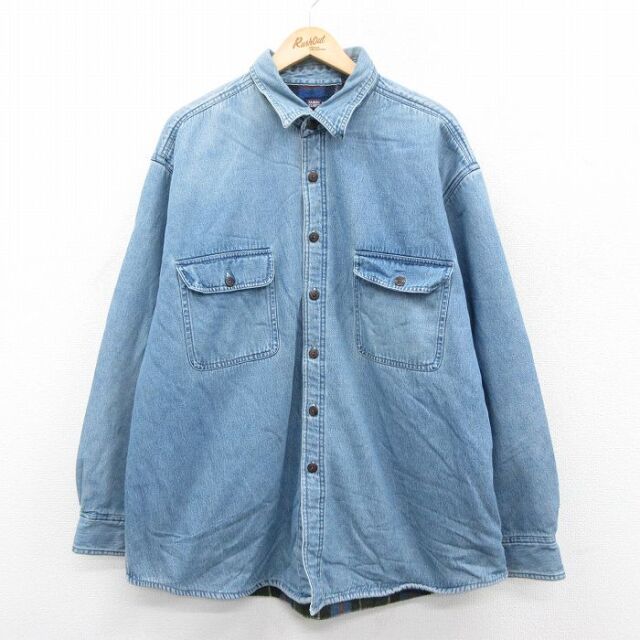 XL★古着 FADED GLORY 長袖 シャツ メンズ 大きいサイズ ロング丈 コットン 紺 デニム 内側フリース 25nov22