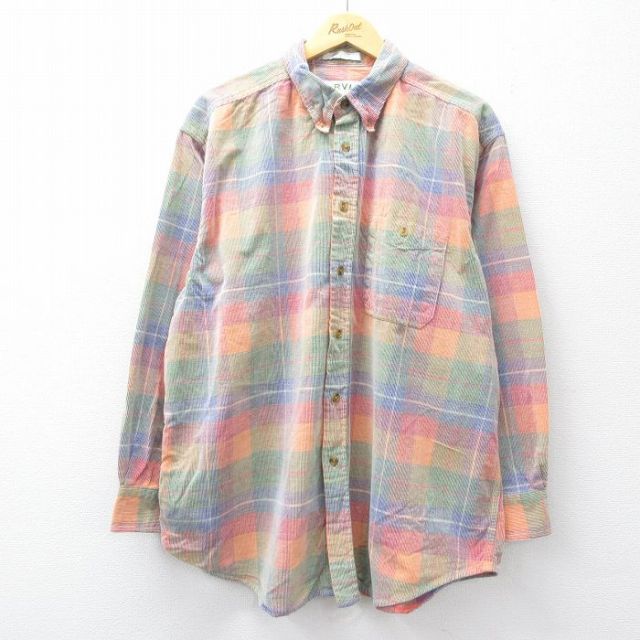【20%OFF】XL★古着 オービス 長袖 シャツ メンズ 00年代 00s コーデュロイ 大きいサイズ ロング丈 コットン ボタンダウン オレンジ他 チェック【spe】 25nov26