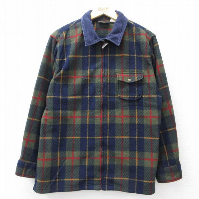 L★古着 ベーシックエディションズ 長袖 フルジップ シャツ メンズ 90年代 90s フリース 襟コーデュロイ 濃紺他 チェック 25nov26