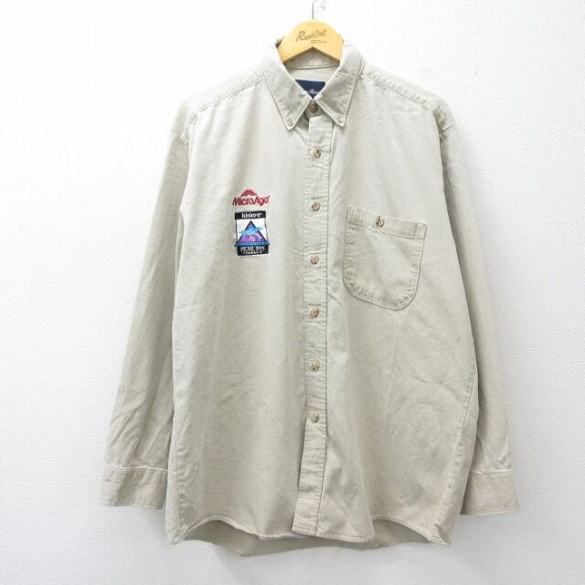 XL★古着 長袖 シャツ メンズ 90年代 90s MicroAge イルカ 大きいサイズ ロング丈 コットン ボタンダウン USA製 ベージュ 25dec05
