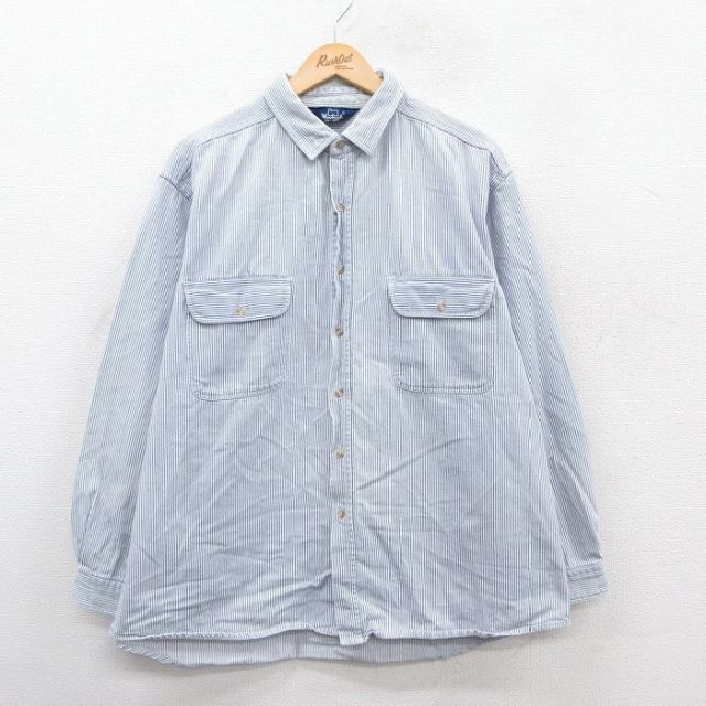 XL★古着 ウールリッチ 長袖 シャツ メンズ 90年代 90s 大きいサイズ コットン 薄紺他 ストライプ 25dec10
