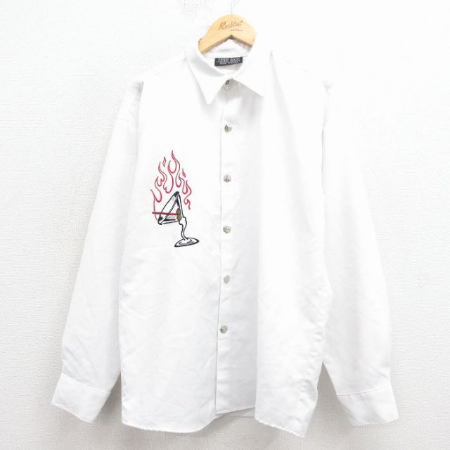 L★古着 長袖 シャツ メンズ カクテル 刺繍 白【spe】 25dec11