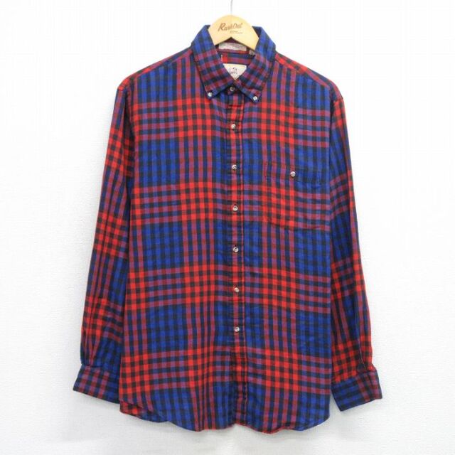 XL★古着 長袖 シャツ メンズ 90年代 90s ボタンダウン 赤他 チェック 25dec15
