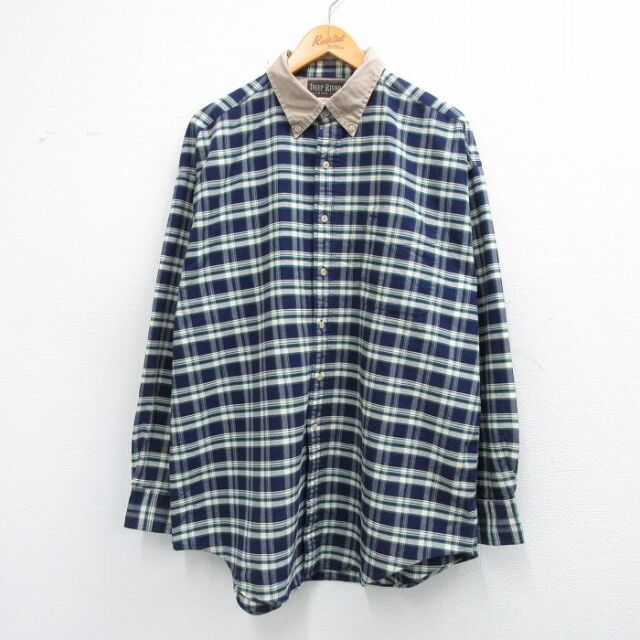 XL★古着 長袖 シャツ メンズ 90年代 90s 大きいサイズ ロング丈 コットン ボタンダウン 紺他 チェック 25dec15
