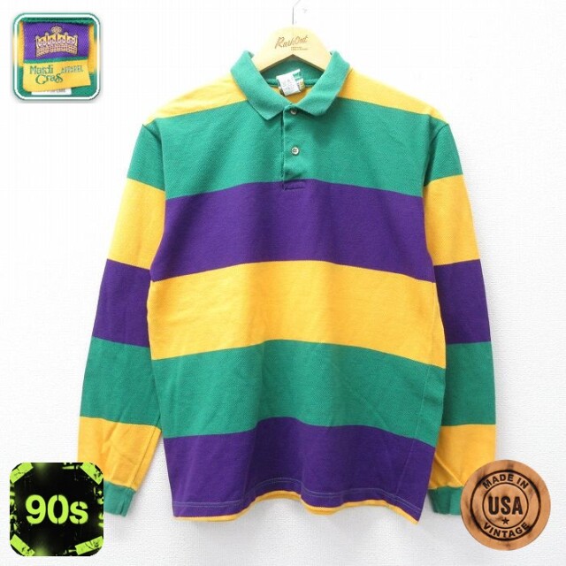 【50%OFF】マルディグラ 90s 長袖ポロシャツ ボーダー グリーン S | 古着