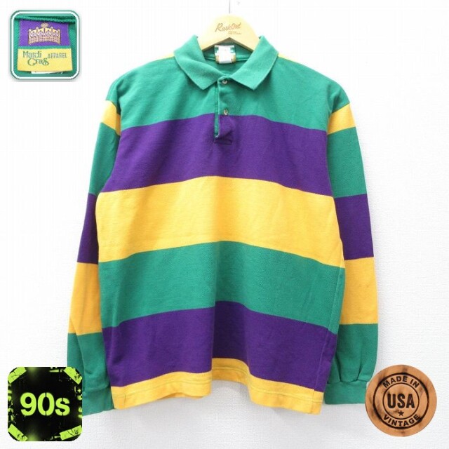 【50%OFF】マルディグラ 90s 長袖ポロシャツ ボーダー グリーン L | 古着