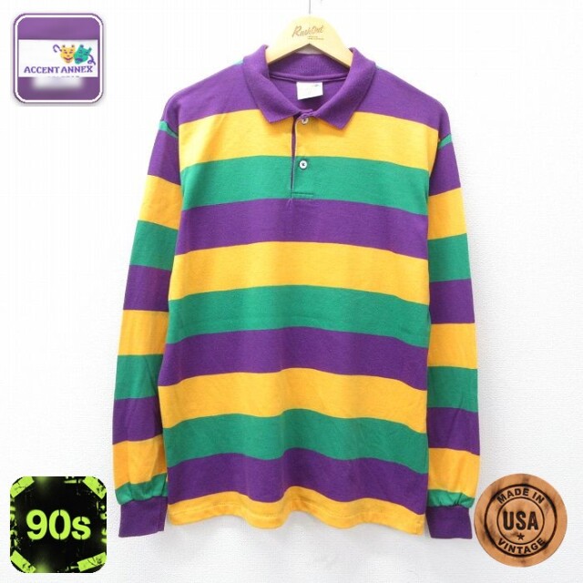 【50%OFF】マルディグラ 90s 長袖ポロシャツ ボーダー パープル L | 古着