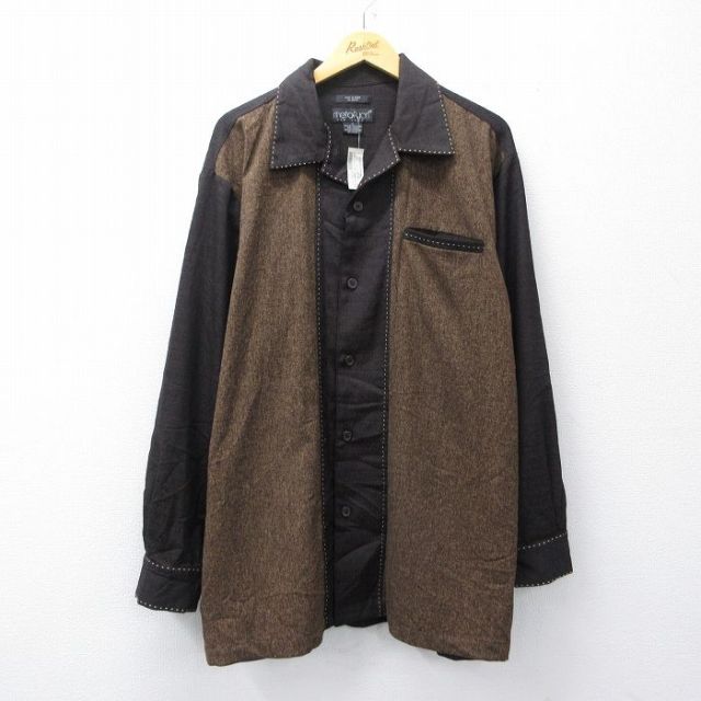 XL★古着 長袖 シャツ メンズ デッド ツートンカラー ロング丈 開襟 オープンカラー 濃茶 26jan10
