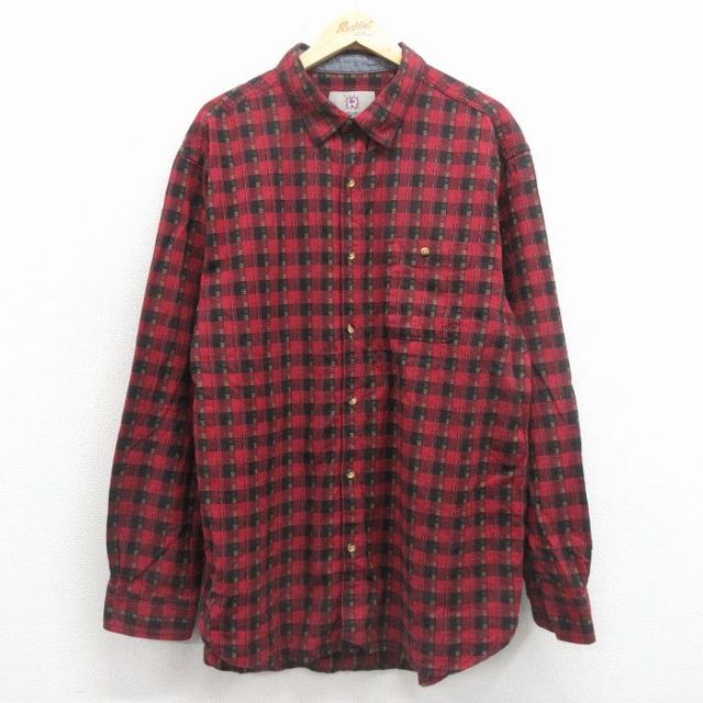 XL★古着 THE TERRITORY AHEAD 長袖 シャツ メンズ 00年代 00s ロング丈 コットン ボタンダウン 赤 チェック 26jan17