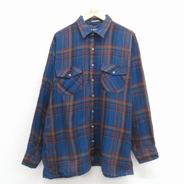 バンヒューセン 90s 長袖シャツ チェック ネイビー XL | 古着
