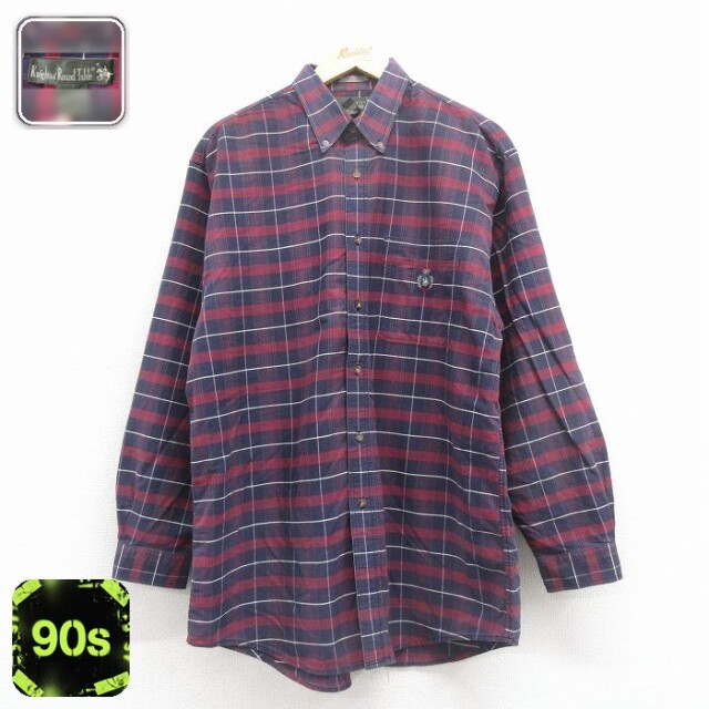 【50%OFF】90s 長袖シャツ ワンポイントロゴ バーガンディチェック L | 古着
