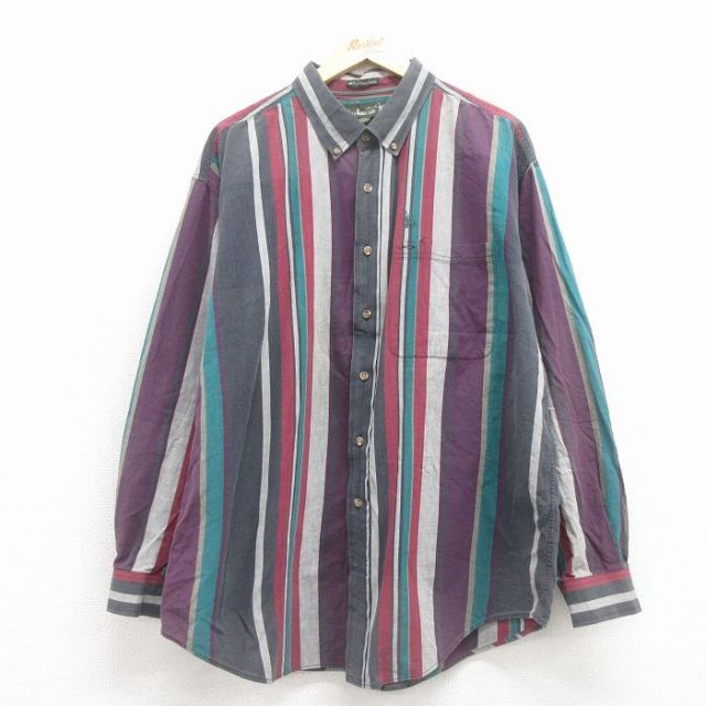 90s 長袖シャツ ワンポイントロゴ グレーストライプ XL | 古着